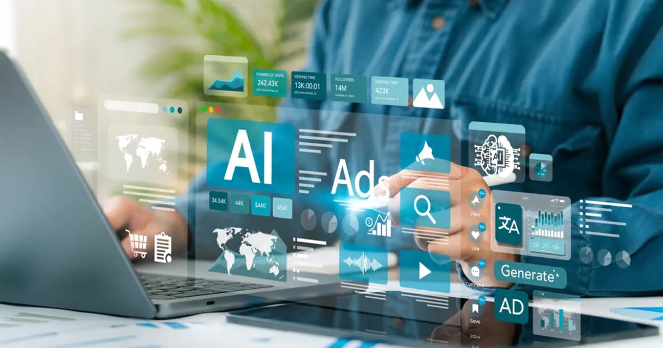 Person at laptop being exposed to brand awareness marketing across multiple channels